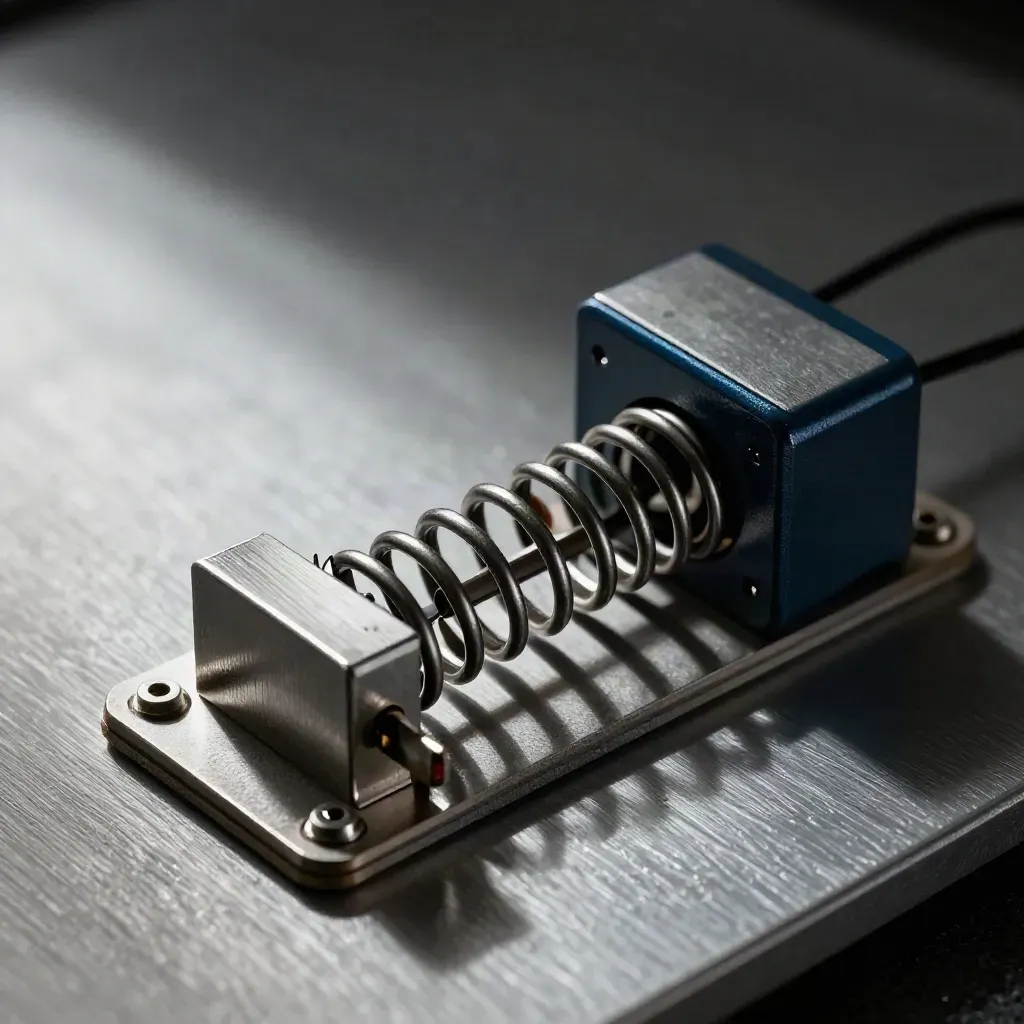 Relé mecânico, mola e módulo temporizador em macro sobre metal escovado.
