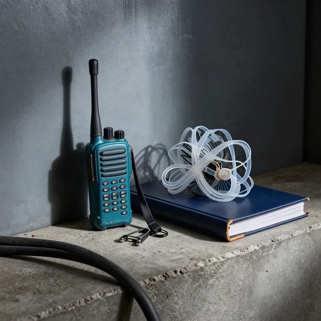 Rádio comunicador, binder fechado e abraçadeiras sobre concreto escuro em ambiente industrial.