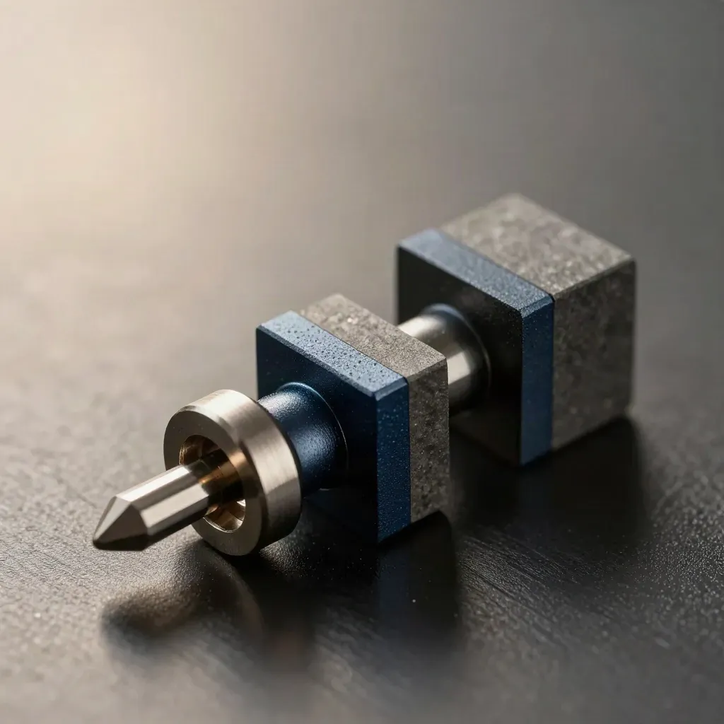 Pins e blocos de grafite encaixados sobre metal escuro, em macro técnico com toque azul-marinho.